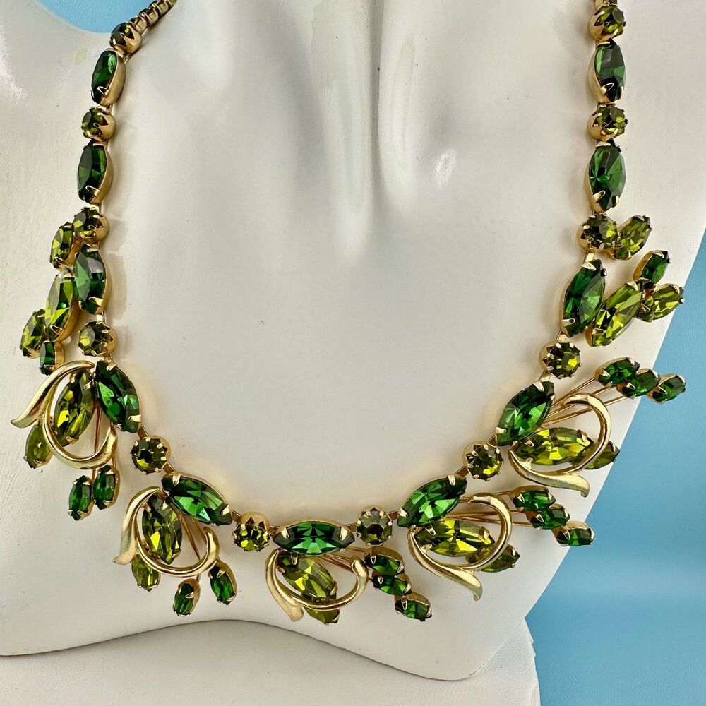 Vintage Weiss Rhinestone Necklace Shades of Green Gold Tone 15.5" READ